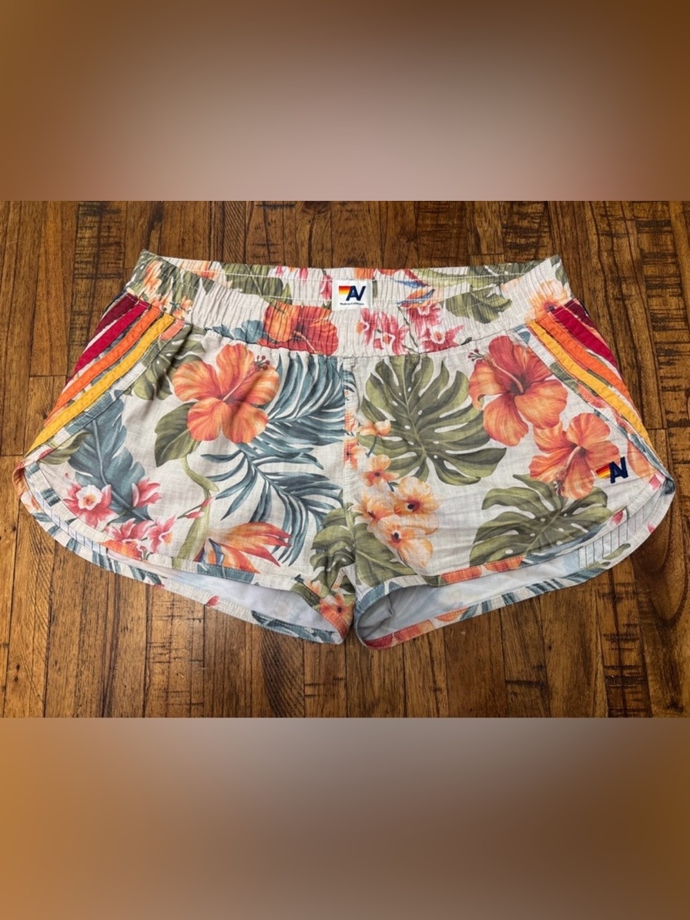 Aviator Nation White Tropical Floral Athletic Shorts with Orange & Green Accents